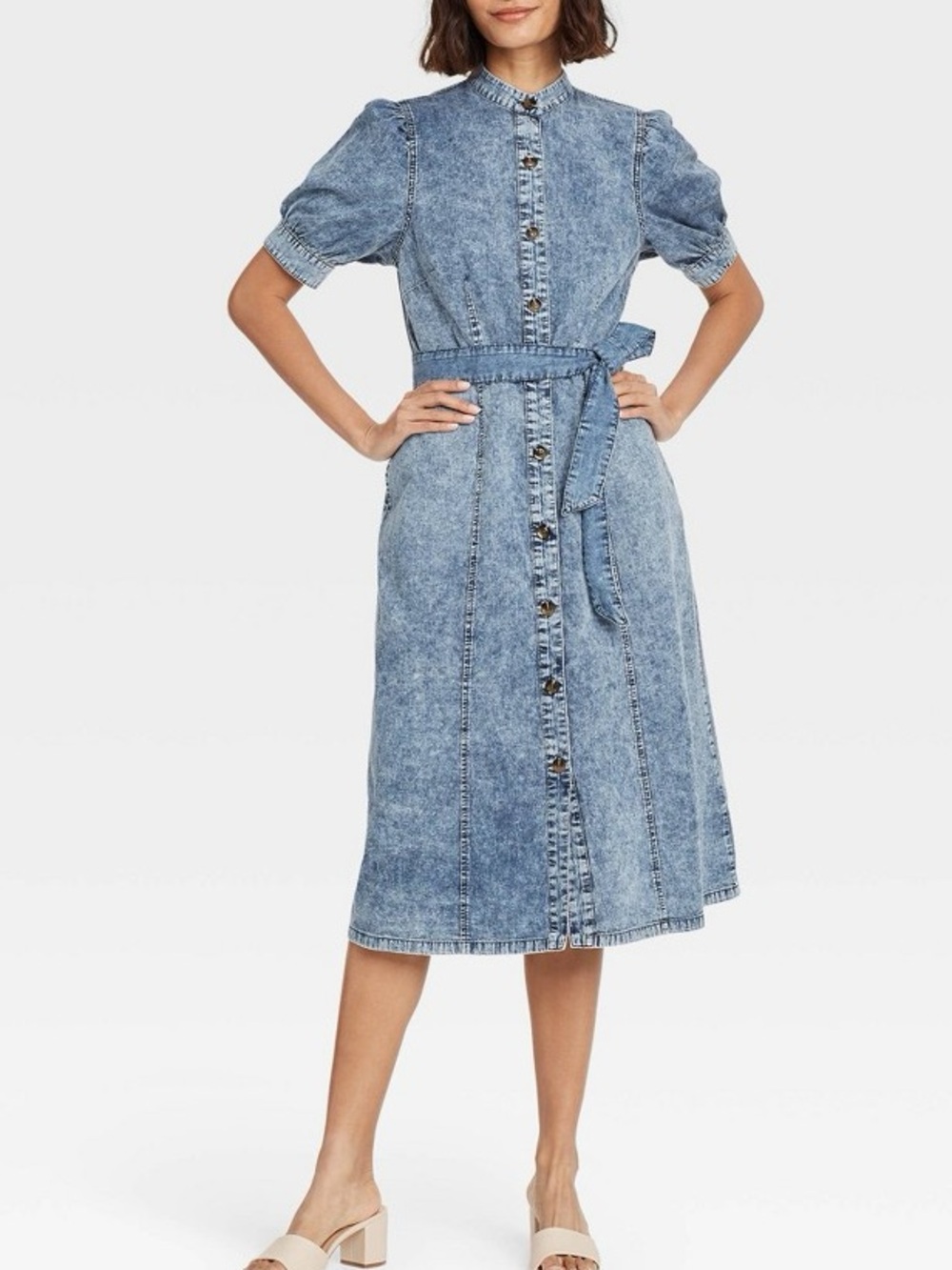 WhoWhatWear Light Blue Acid Wash Button Front 100% Cotton Midi Dress in Small